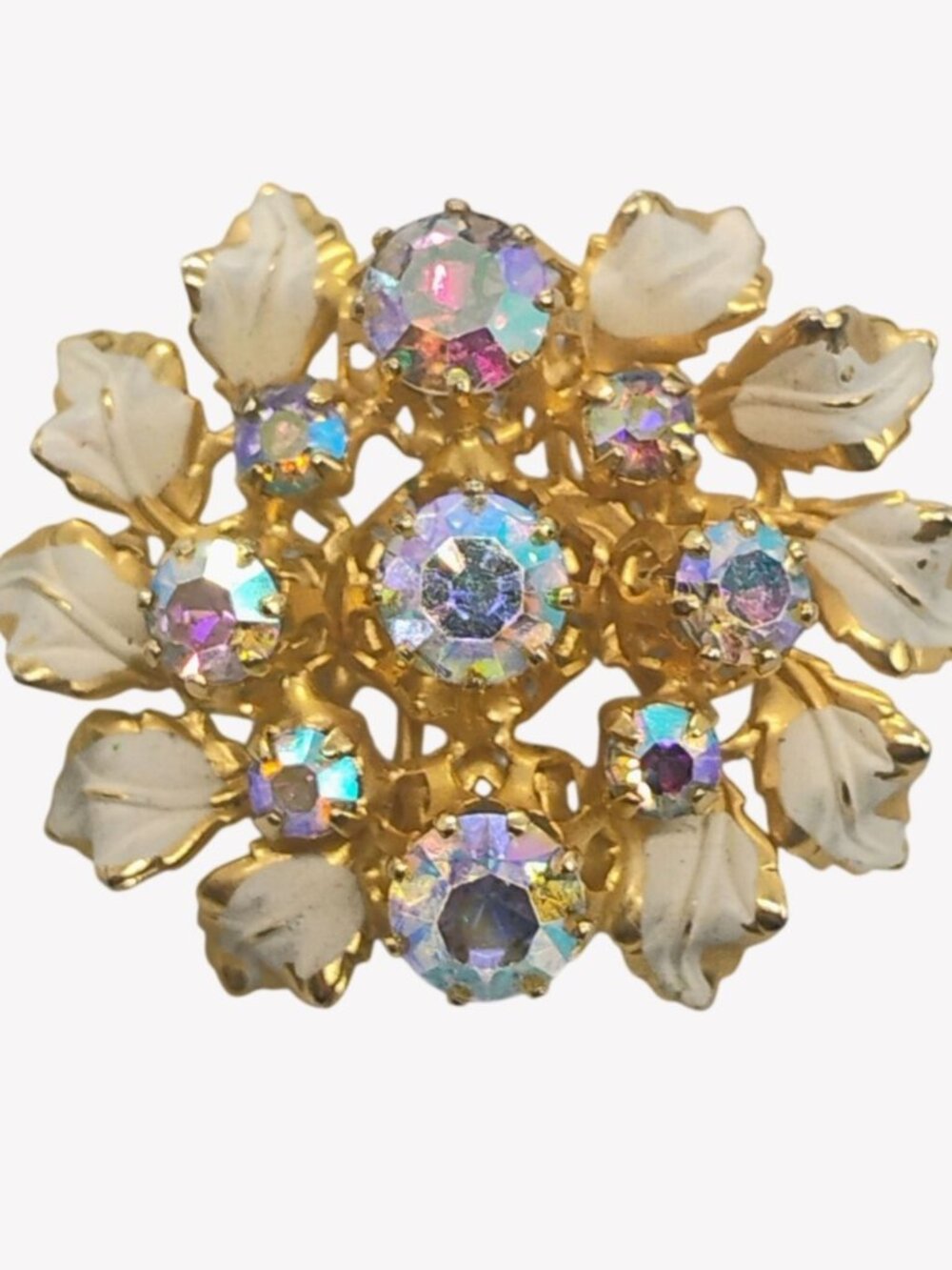 Vtg MCM Made in Austria White Enamel Leaf Aurora Borealis Rhinestone Brooch Pin